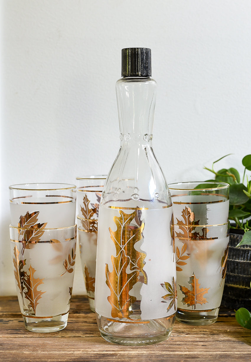VINTAGE LIBBY GOLD FOILAGE GLASSWARE SET