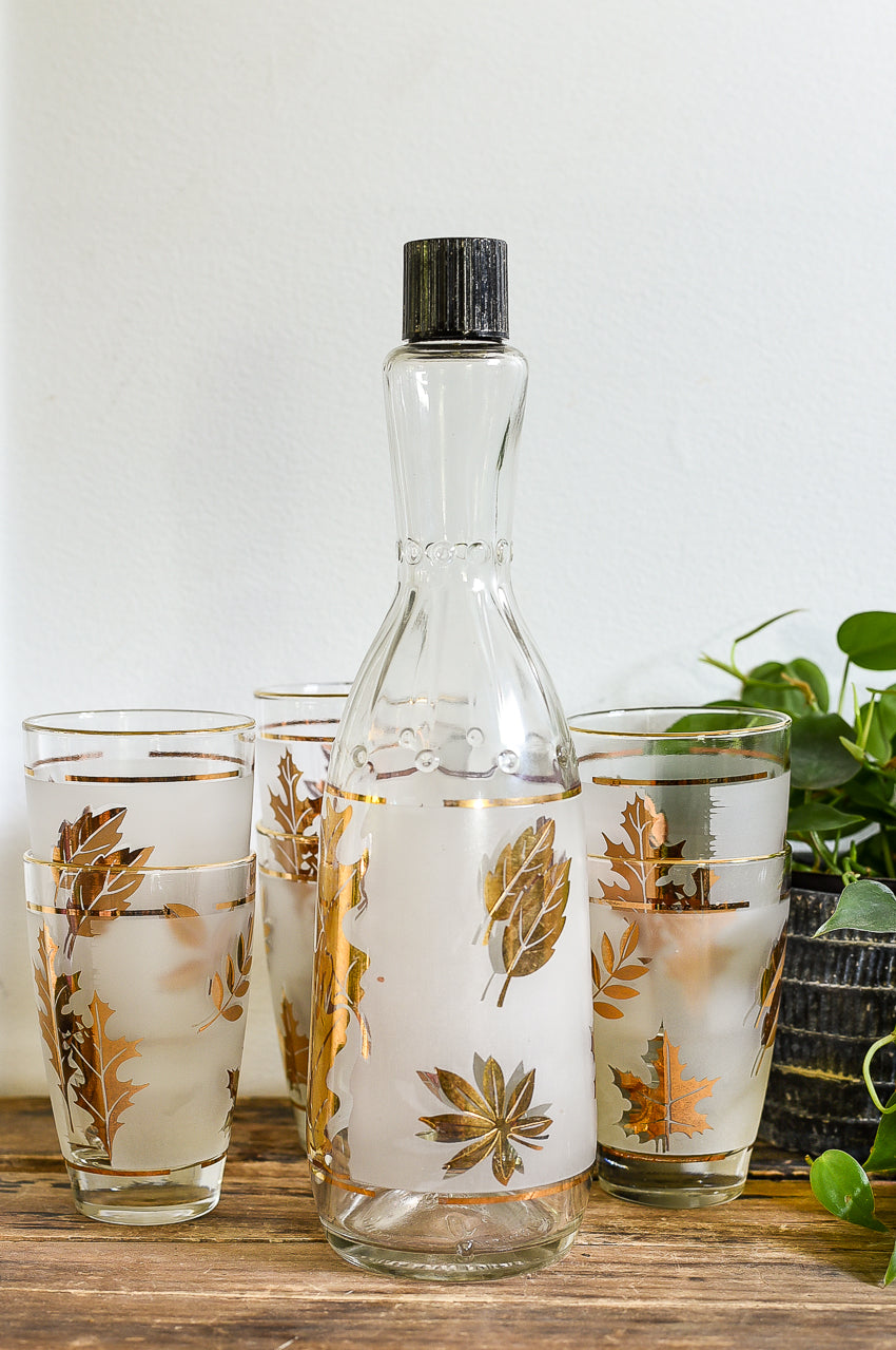 VINTAGE LIBBY GOLD FOILAGE GLASSWARE SET