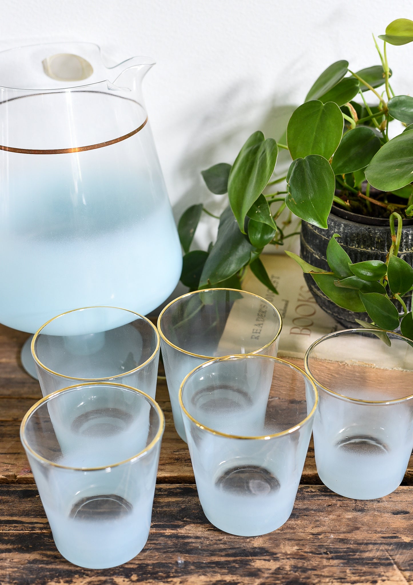 VINTAGE BLENDO TURQOISE OMBRE FROSTED PITCHER/GLASSES