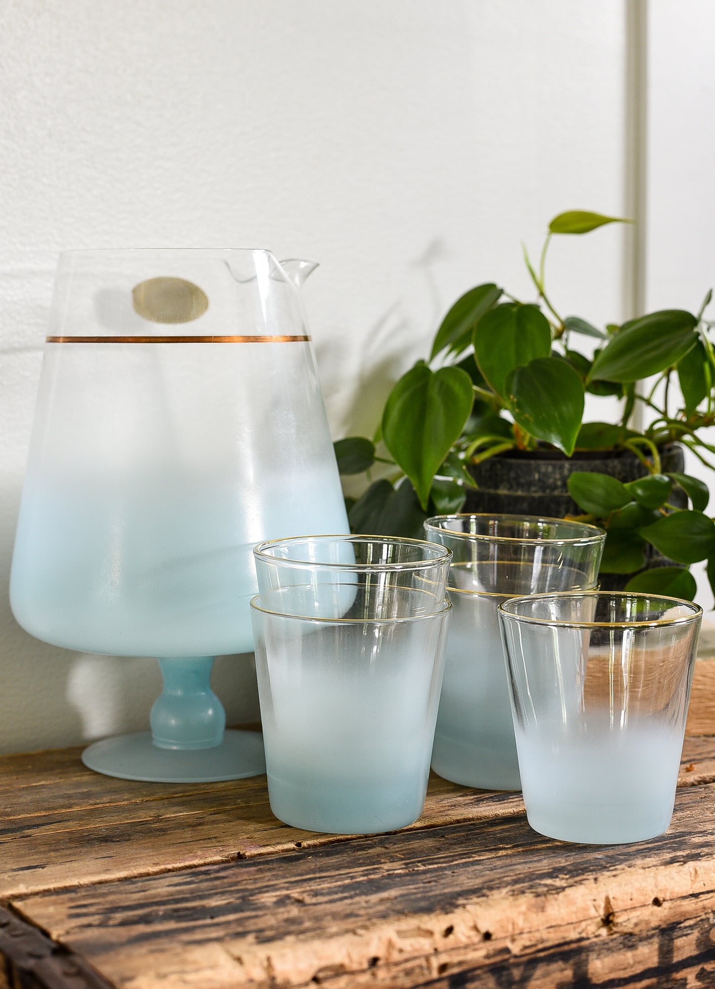 VINTAGE BLENDO TURQOISE OMBRE FROSTED PITCHER/GLASSES