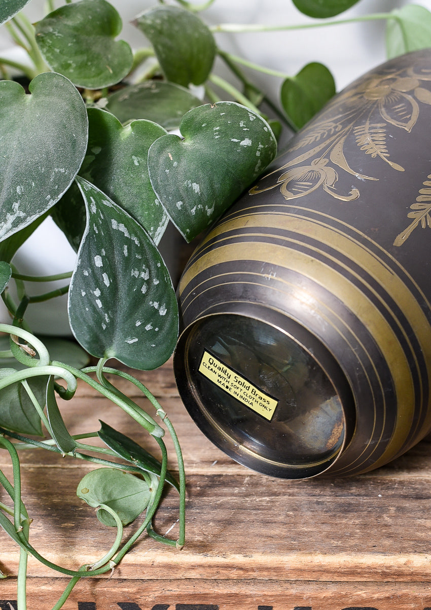 VINTAGE ETCHED BRASS VASE