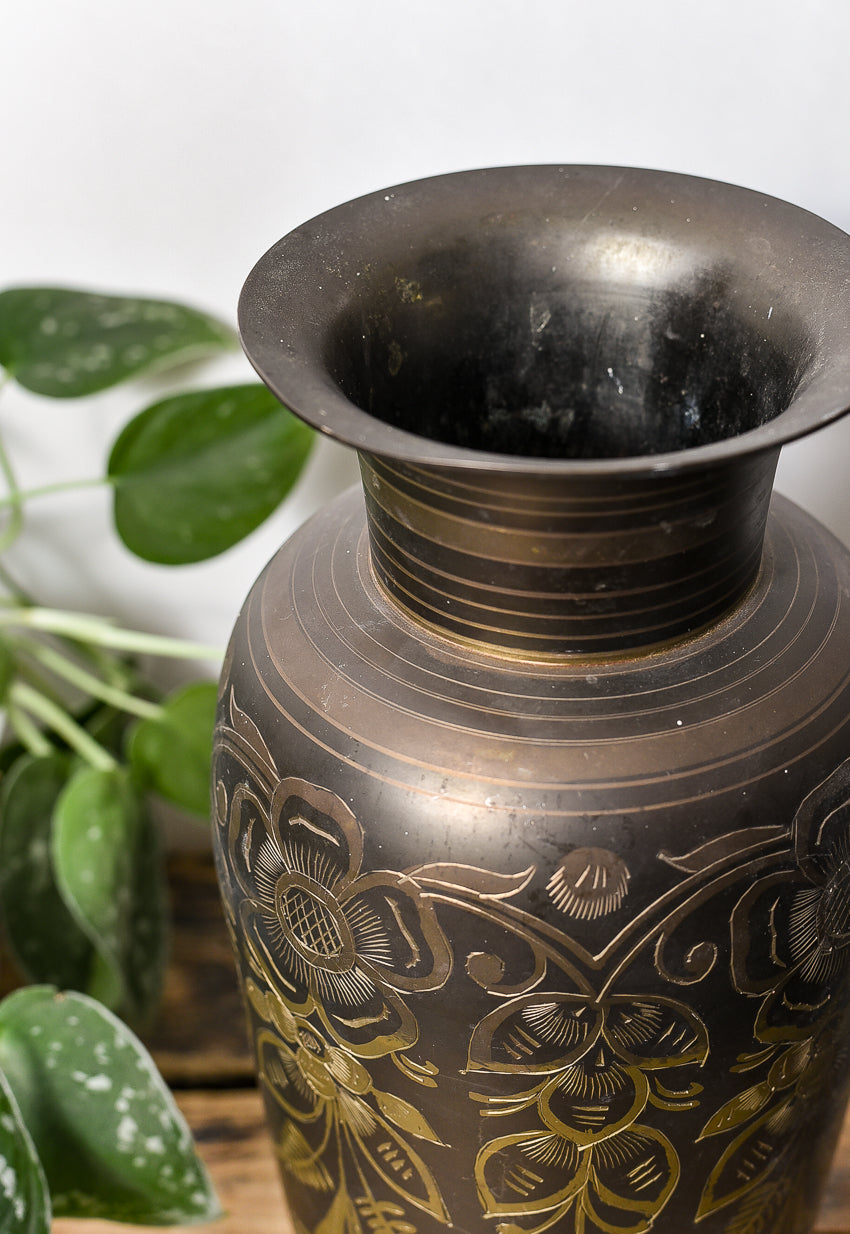 VINTAGE ETCHED BRASS VASE