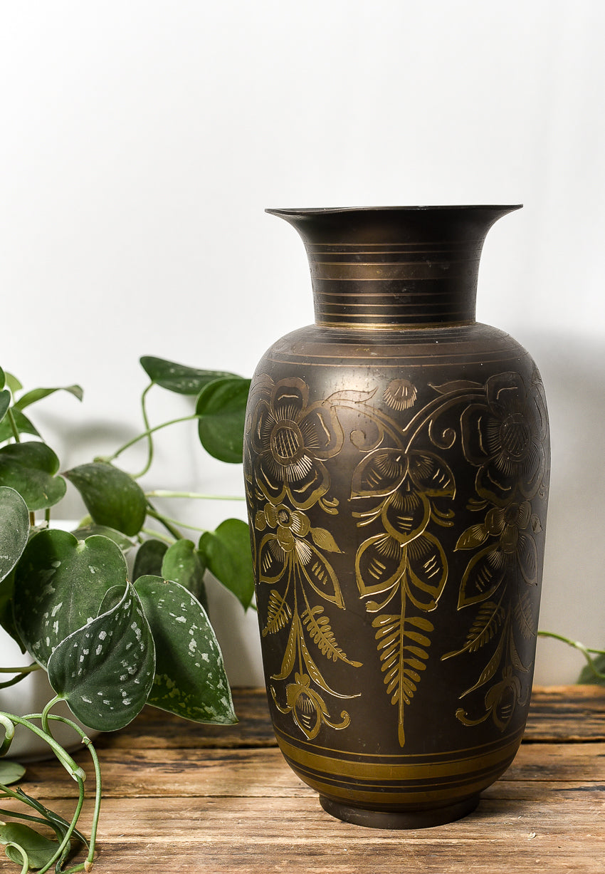 VINTAGE ETCHED BRASS VASE