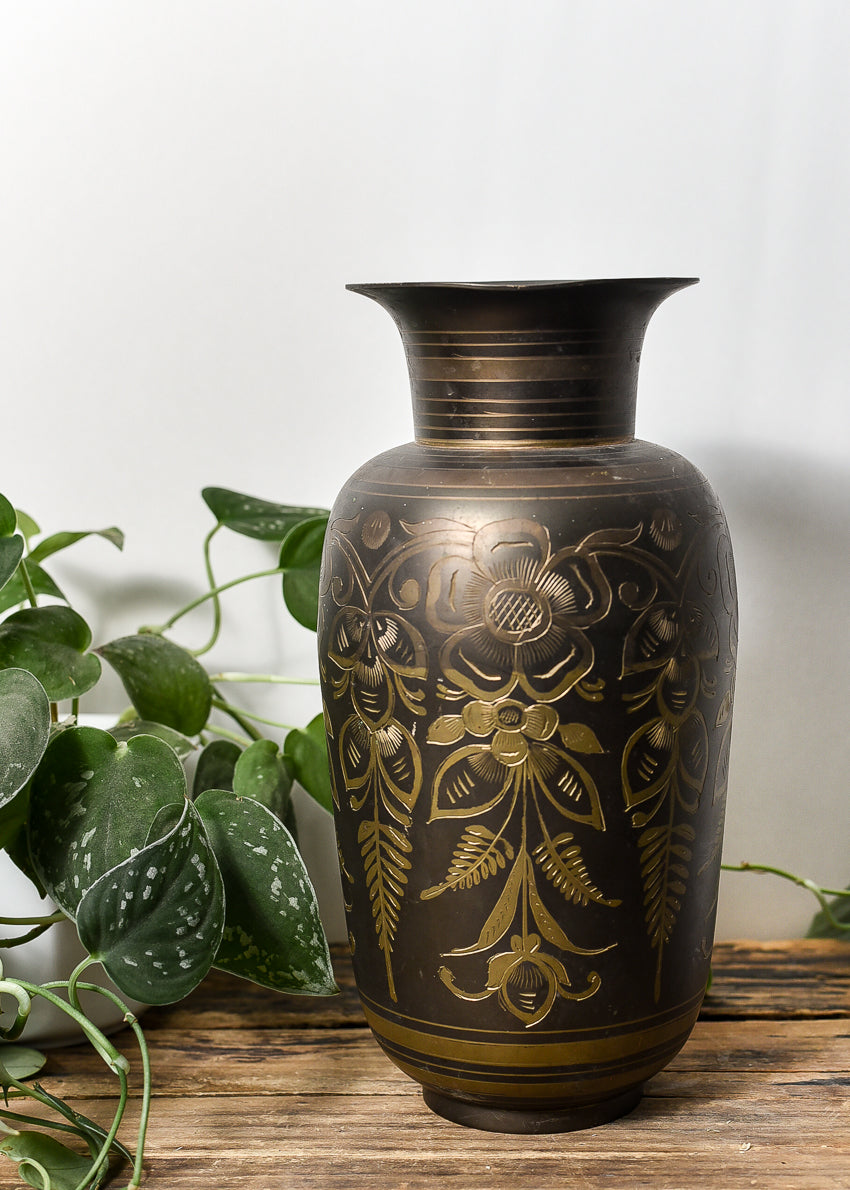 VINTAGE ETCHED BRASS VASE
