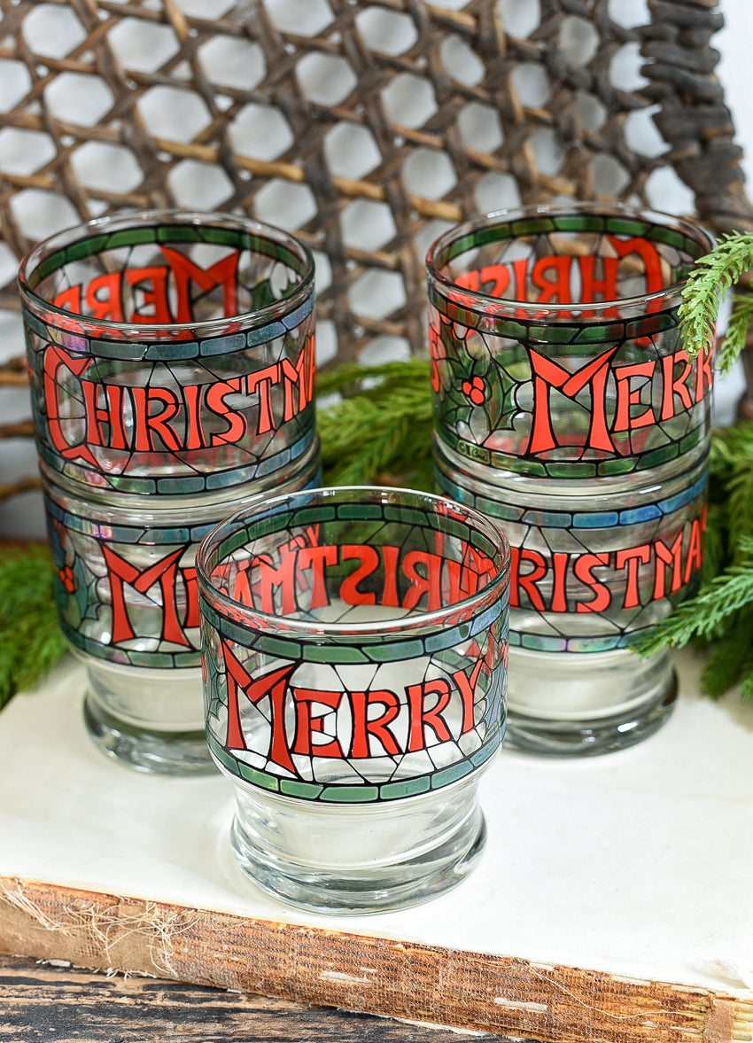 VINTATGE CERA HOUZE STAINED GLASS MERRY CHRISTMAS GLASSES