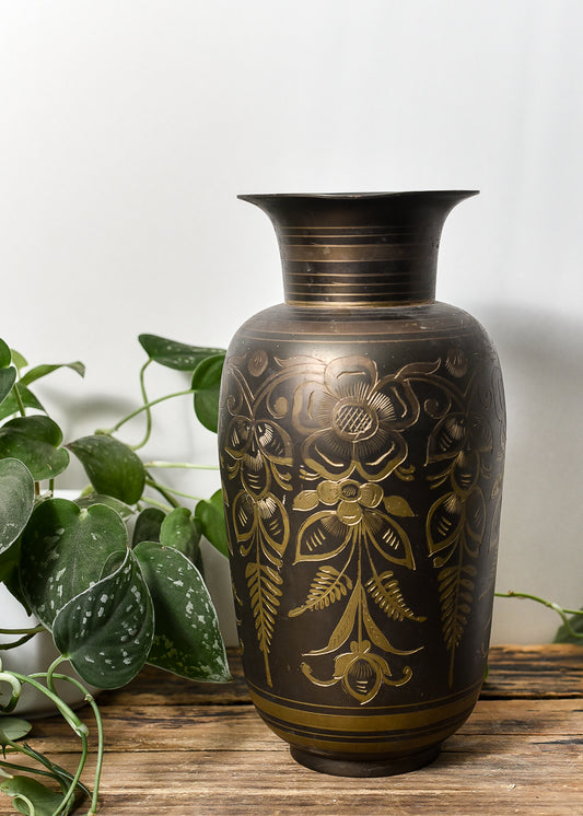 VINTAGE ETCHED BRASS VASE