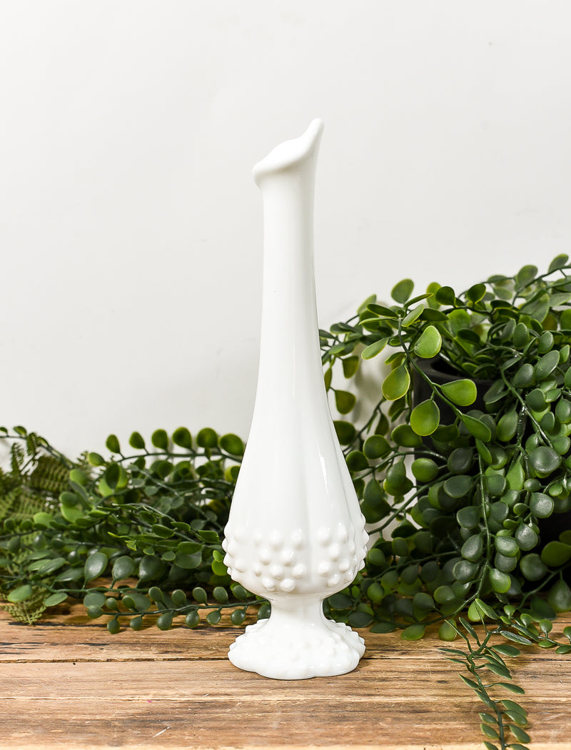 white fenton hobnail swung bud vase